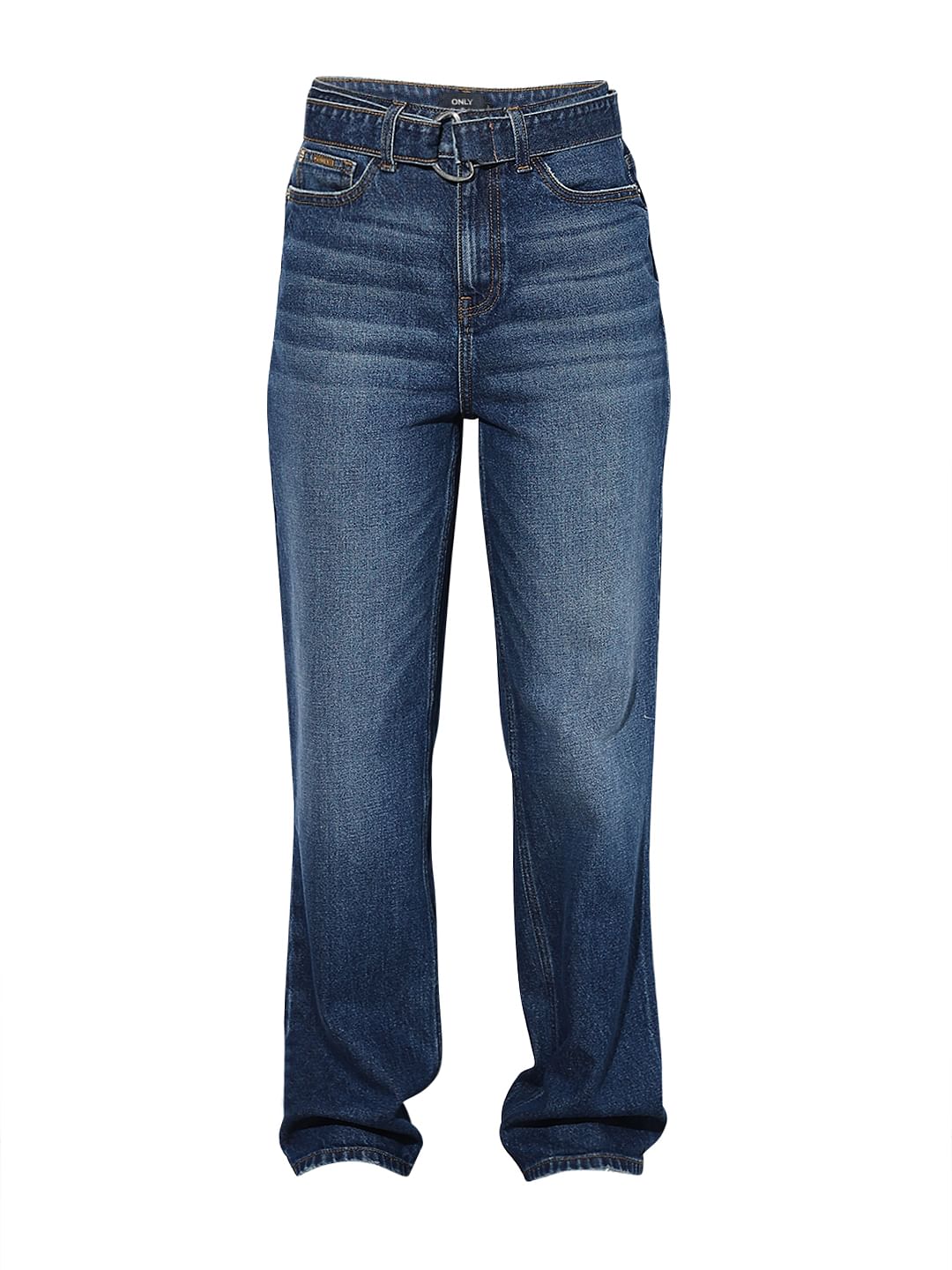 Dark Blue Belted Straight Fit Jeans