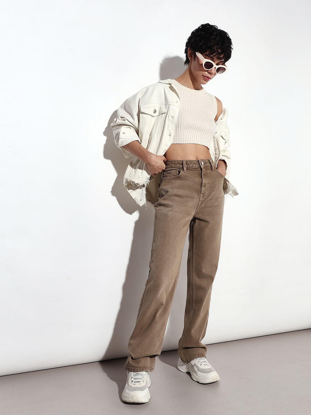 Tan High Rise Straight Fit Jeans