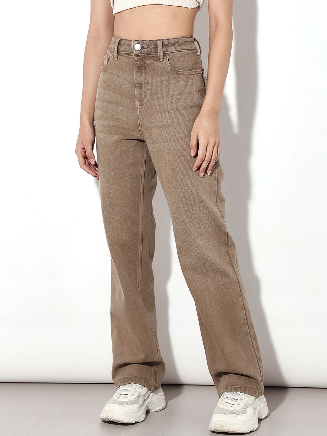 Tan High Rise Straight Fit Jeans