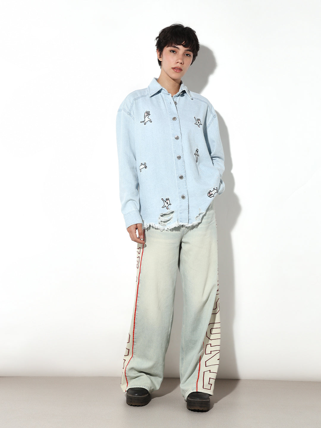 Light Blue Printed Denim Shirt