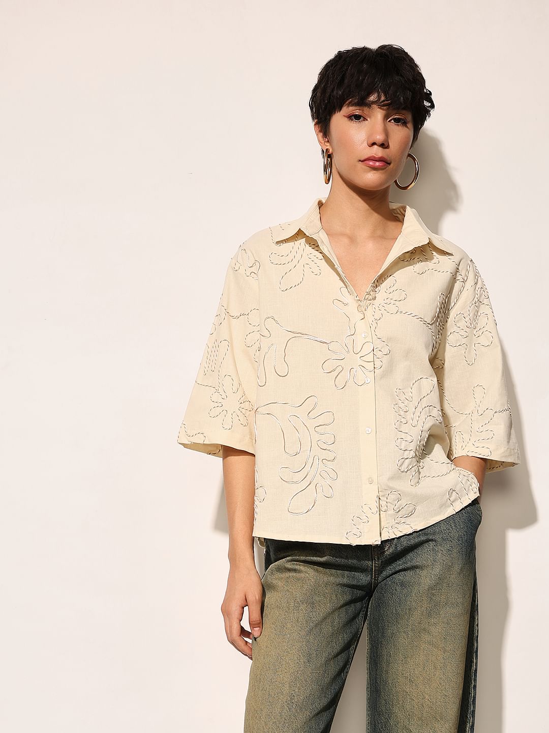 Beige Embroidered Cotton Shirt