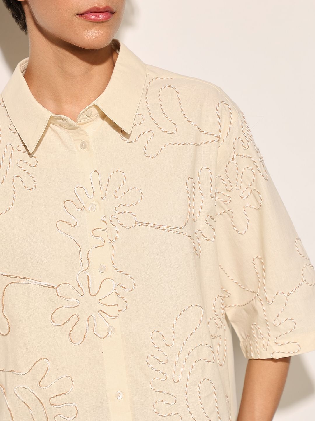 Beige Embroidered Cotton Shirt