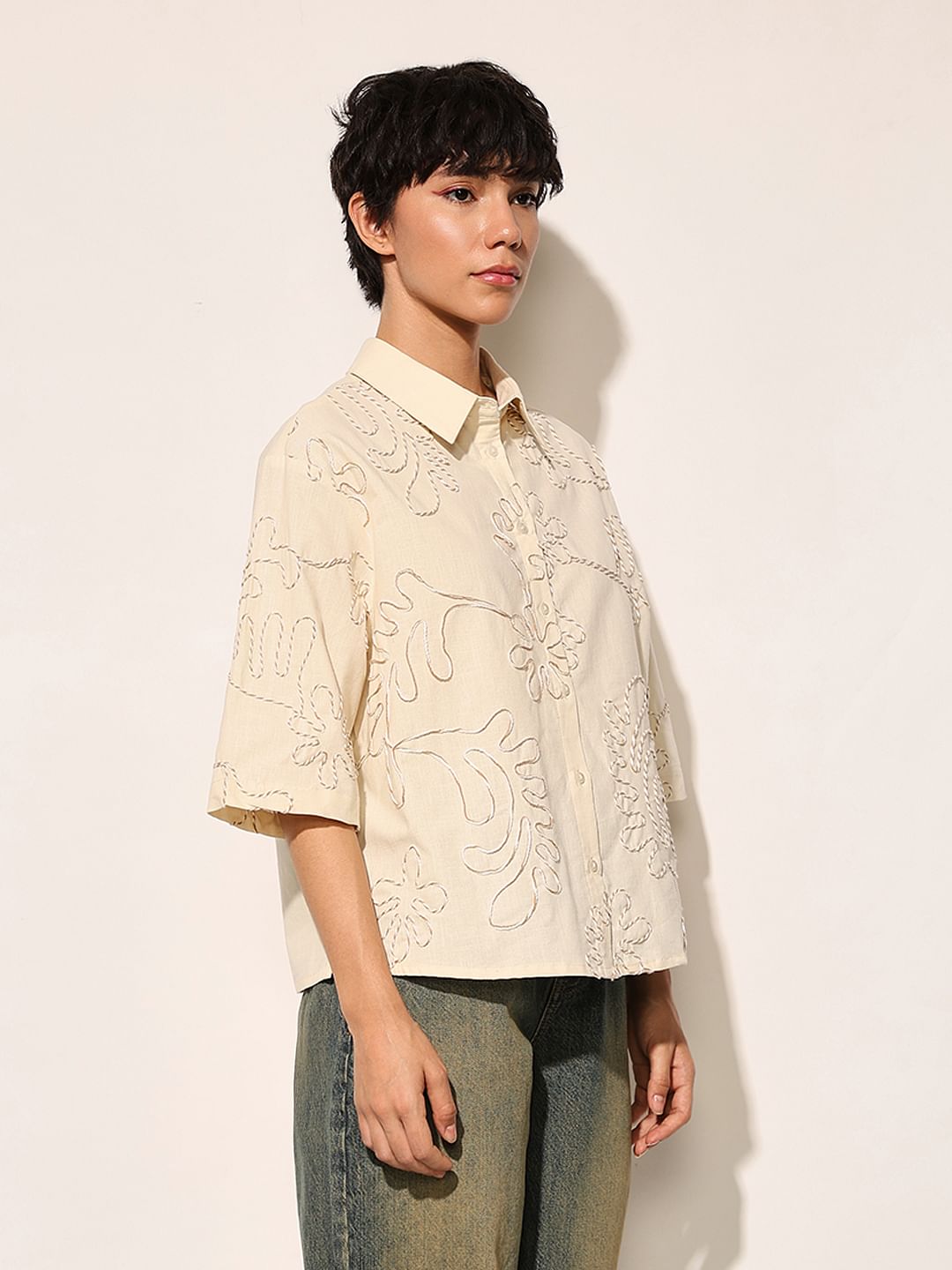 Beige Embroidered Cotton Shirt