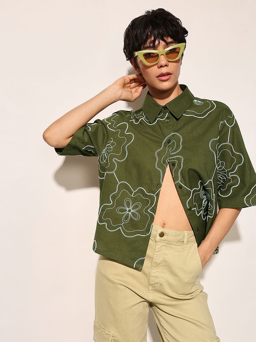 Olive Embroidered Cotton Shirt