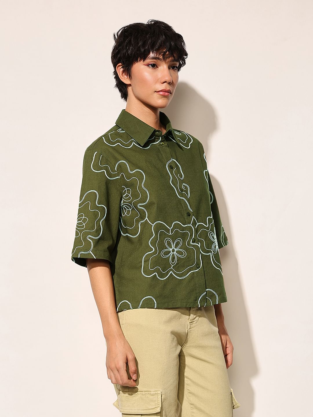 Olive Embroidered Cotton Shirt