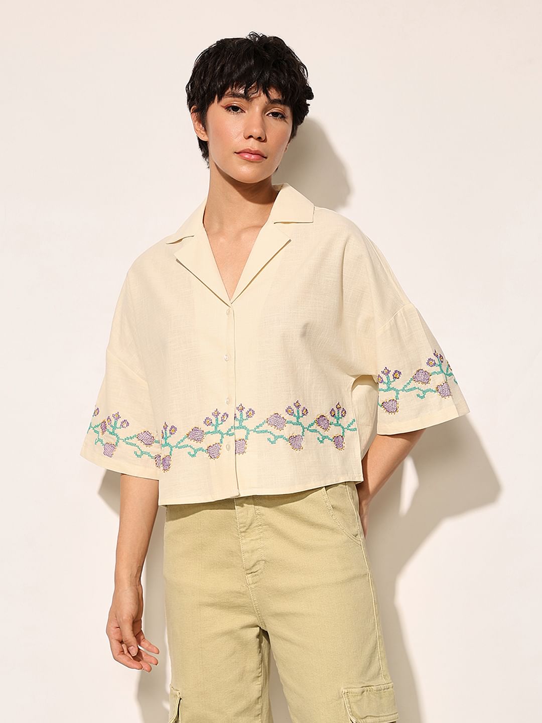 Beige Embroidered Boxy Fit Shirt