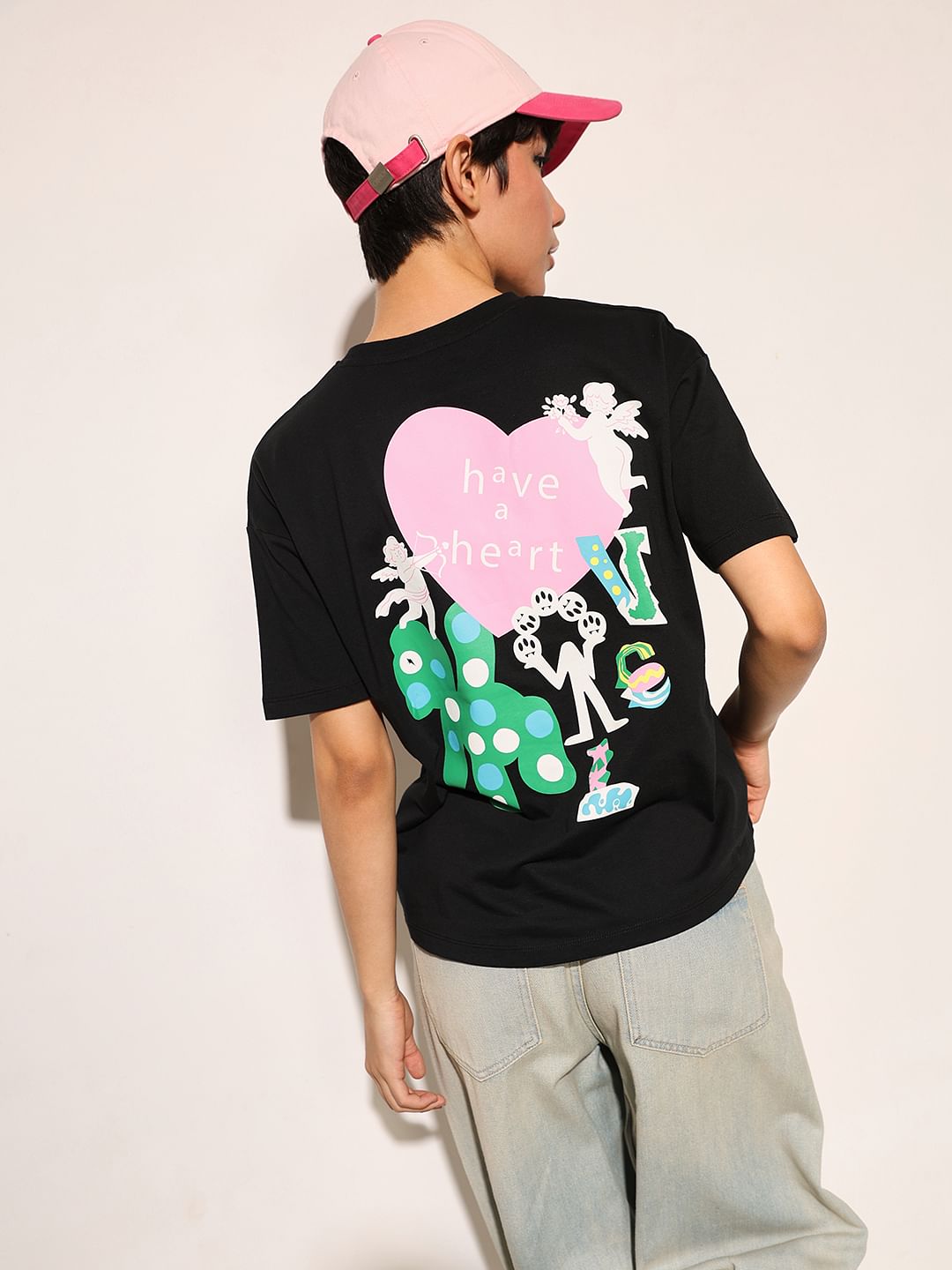 Black Printed Cotton T-Shirt - XS