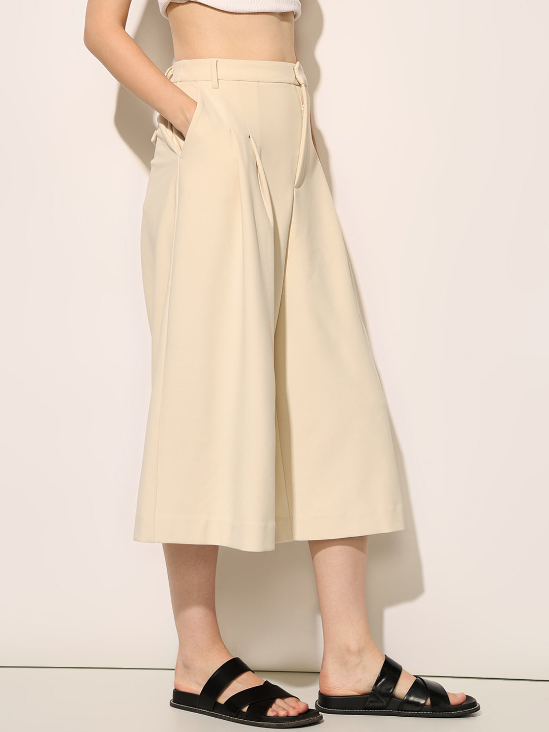 Beige Wide Leg Tailored Culottes