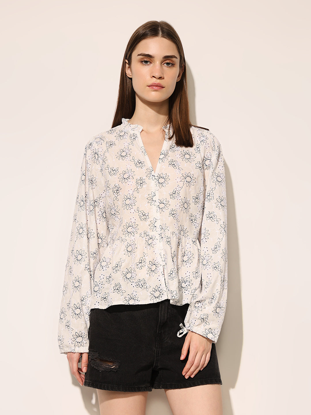 Off-White Printed Cotton Peplum Top