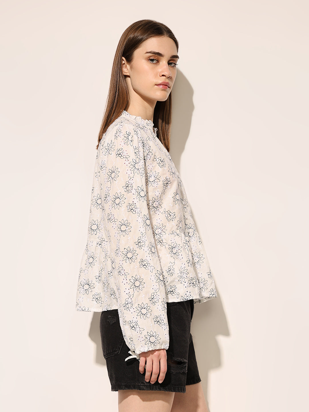 Off-White Printed Cotton Peplum Top