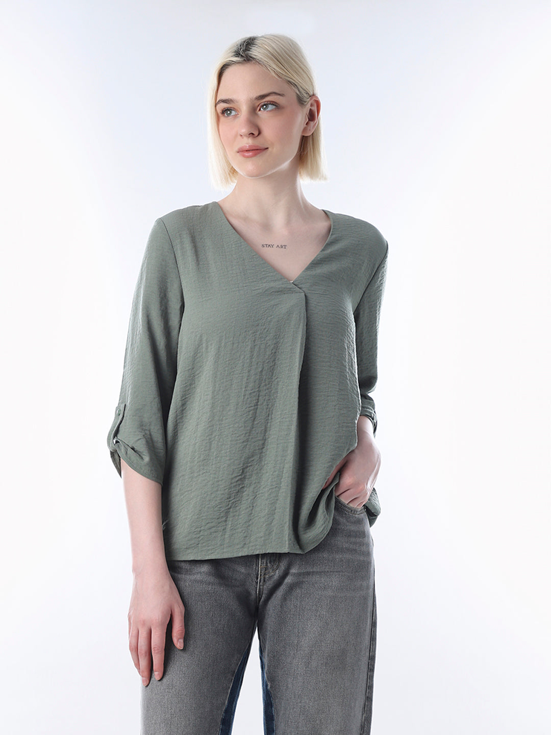 Green V-Neck Regular Fit Top