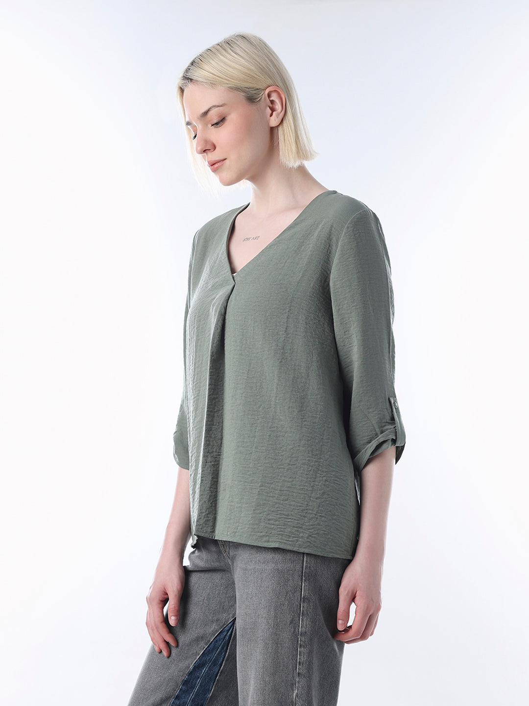 Green V-Neck Regular Fit Top