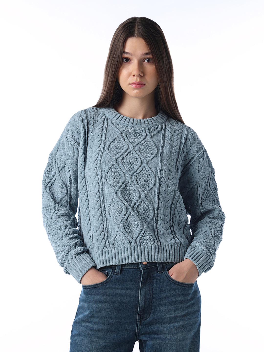 Blue Cable Knit O-Neck Pullover