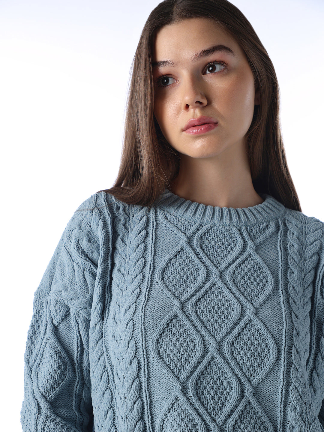 Blue Cable Knit O-Neck Pullover