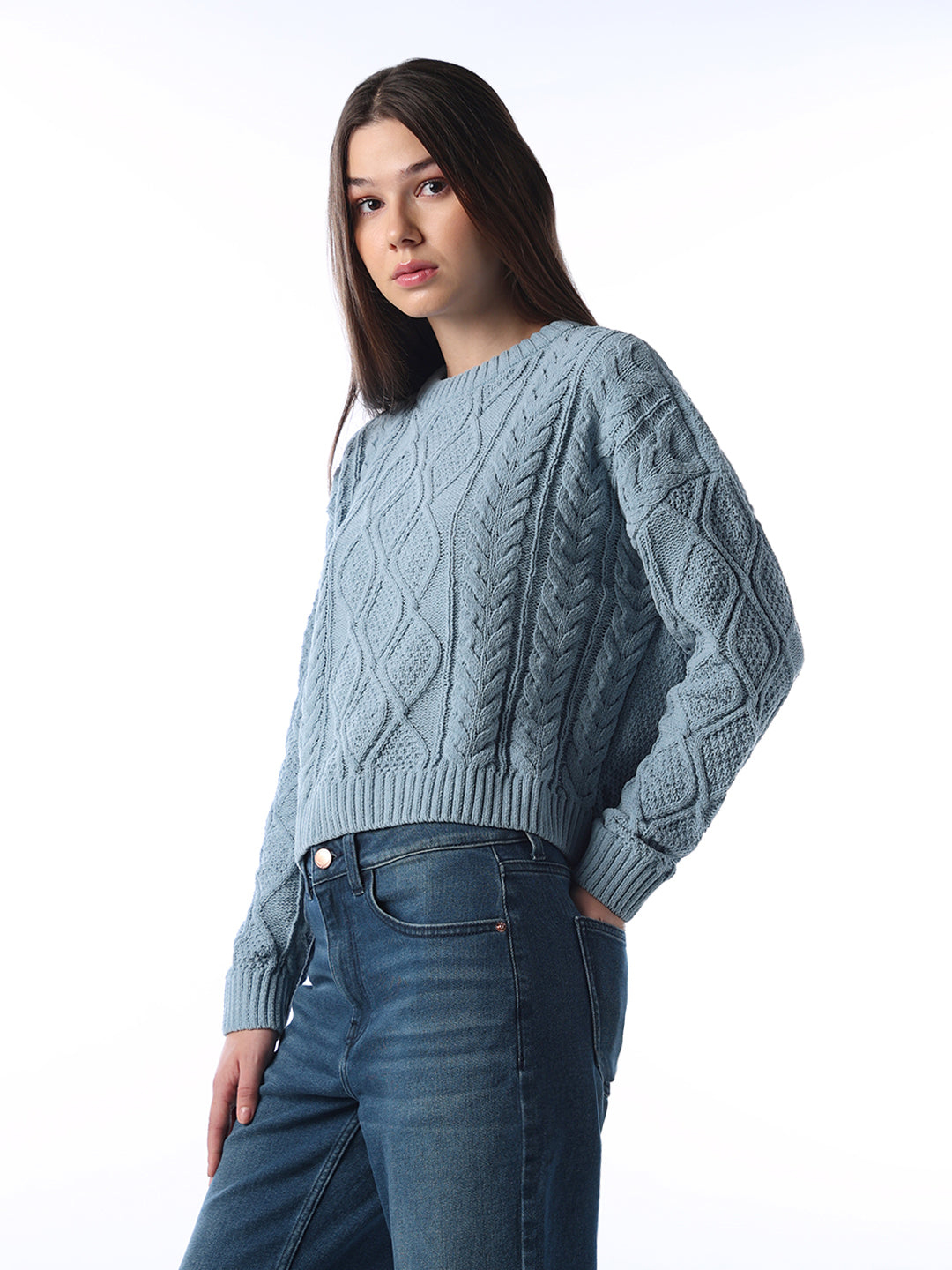 Blue Cable Knit O-Neck Pullover