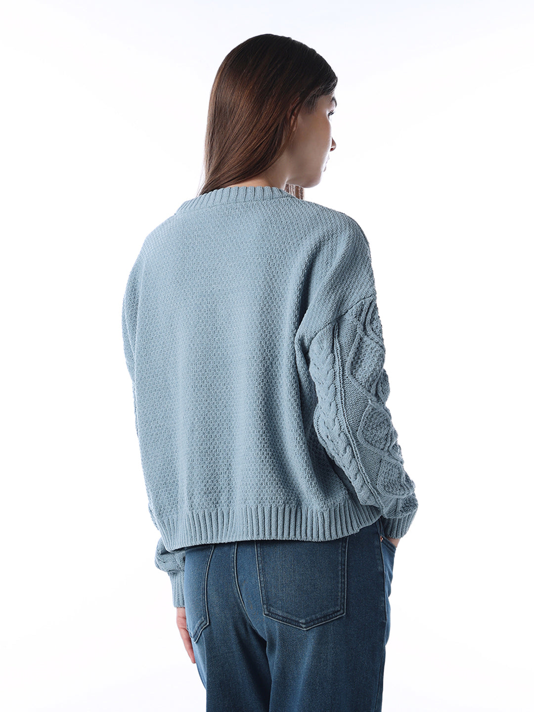 Blue Cable Knit O-Neck Pullover