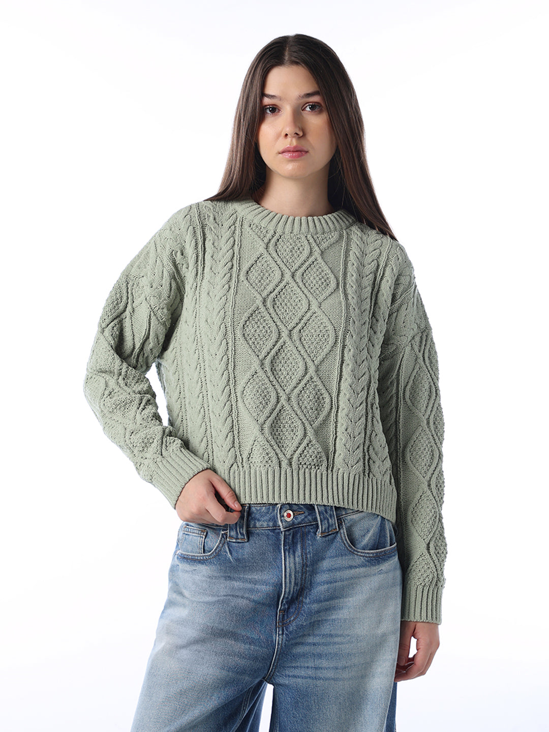 Green Cable Knit O-Neck Pullover