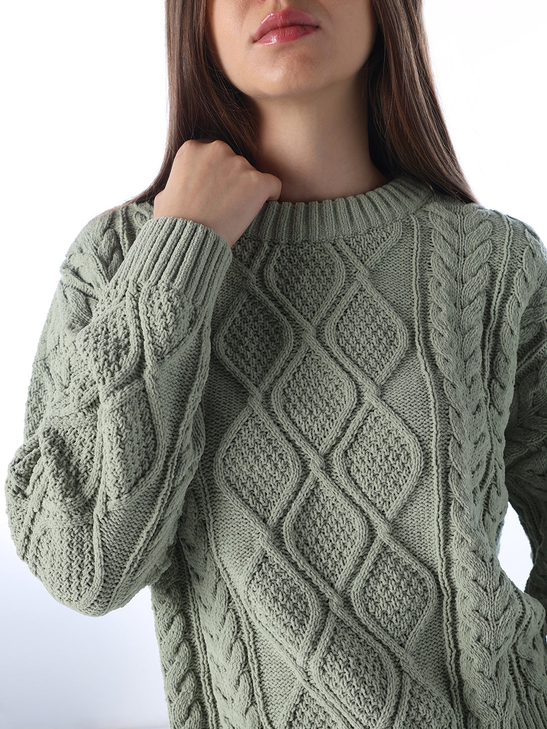 Green Cable Knit O-Neck Pullover