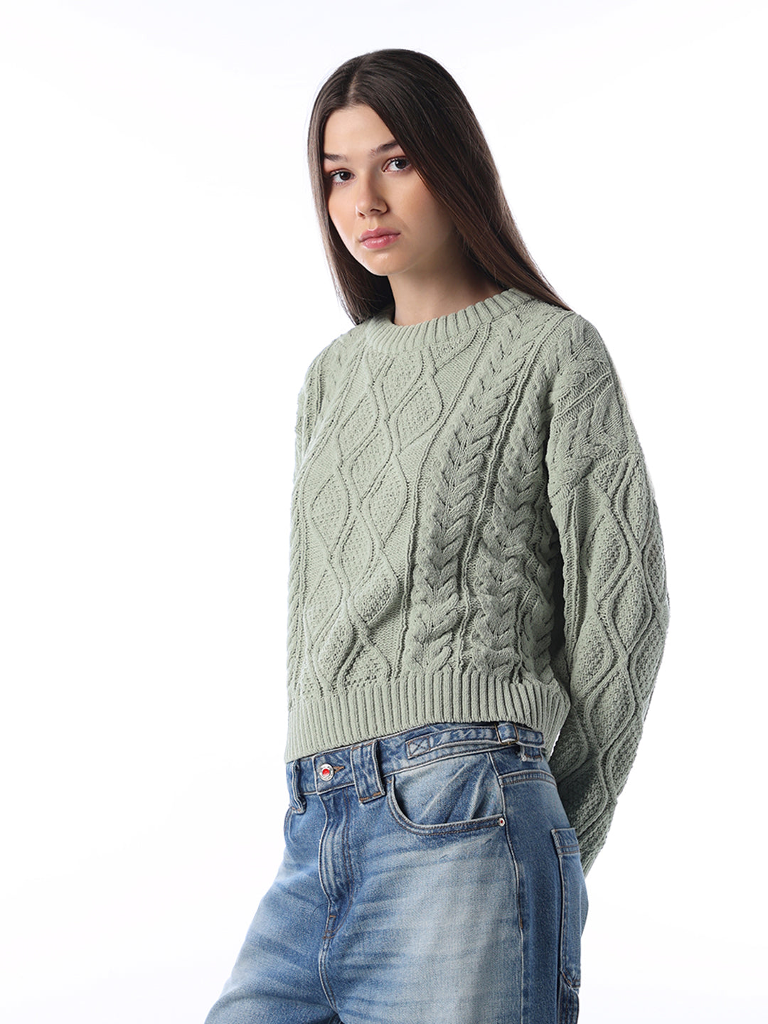 Green Cable Knit O-Neck Pullover