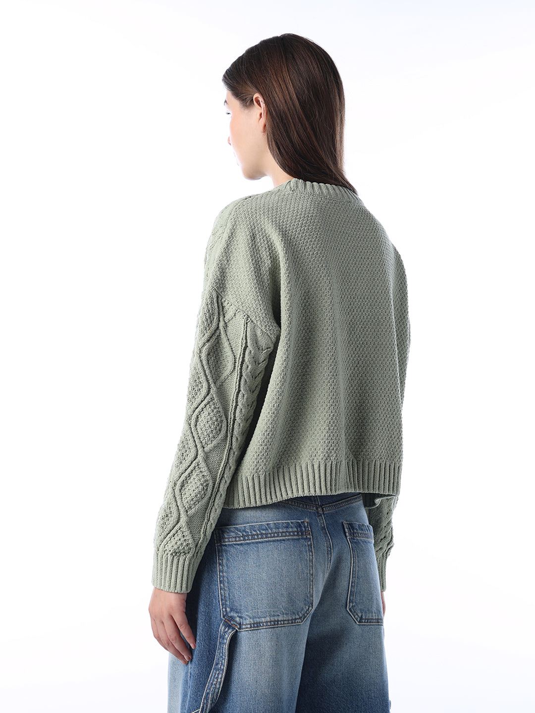Green Cable Knit O-Neck Pullover