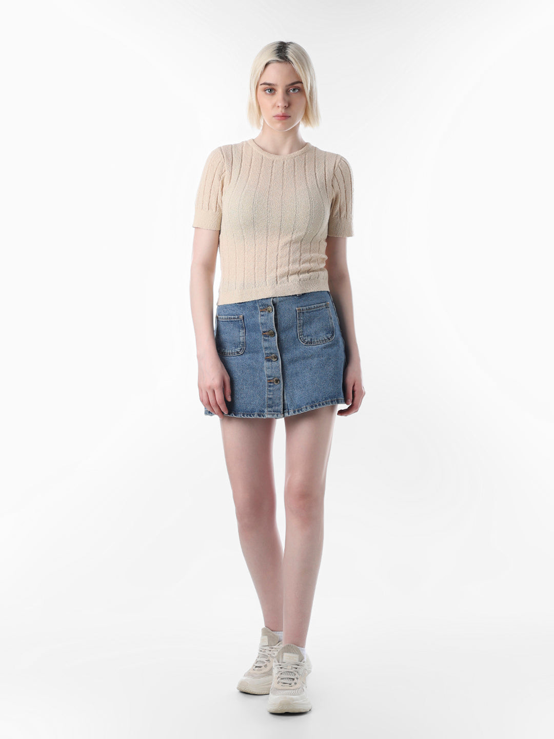 Beige Fitted Ribbed Crop Top