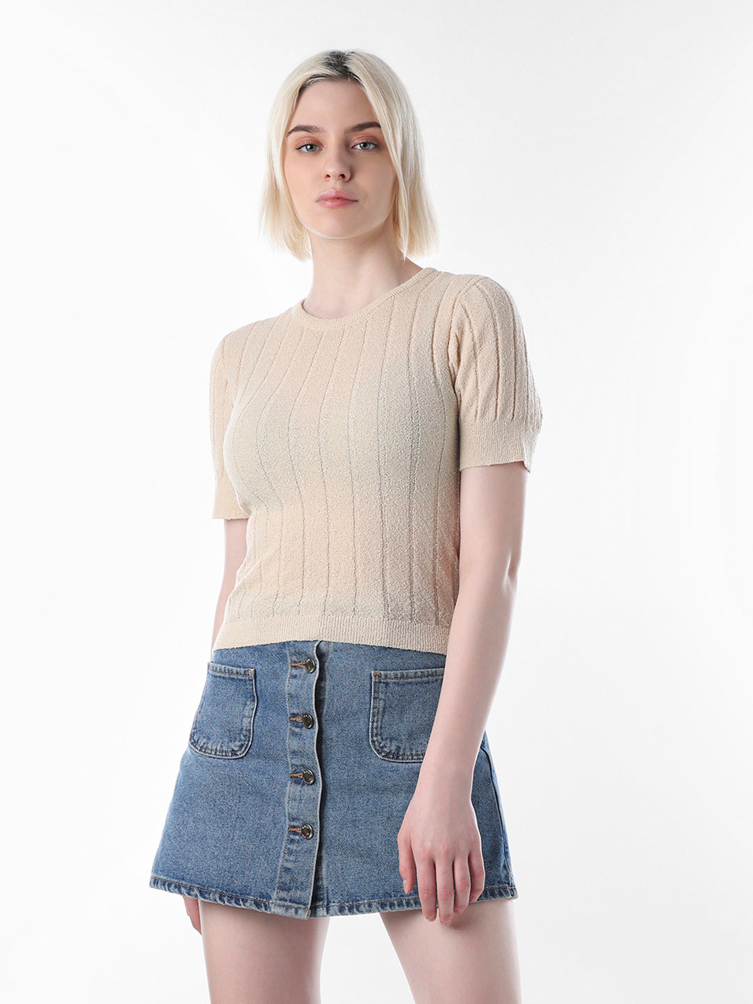 Beige Fitted Ribbed Crop Top