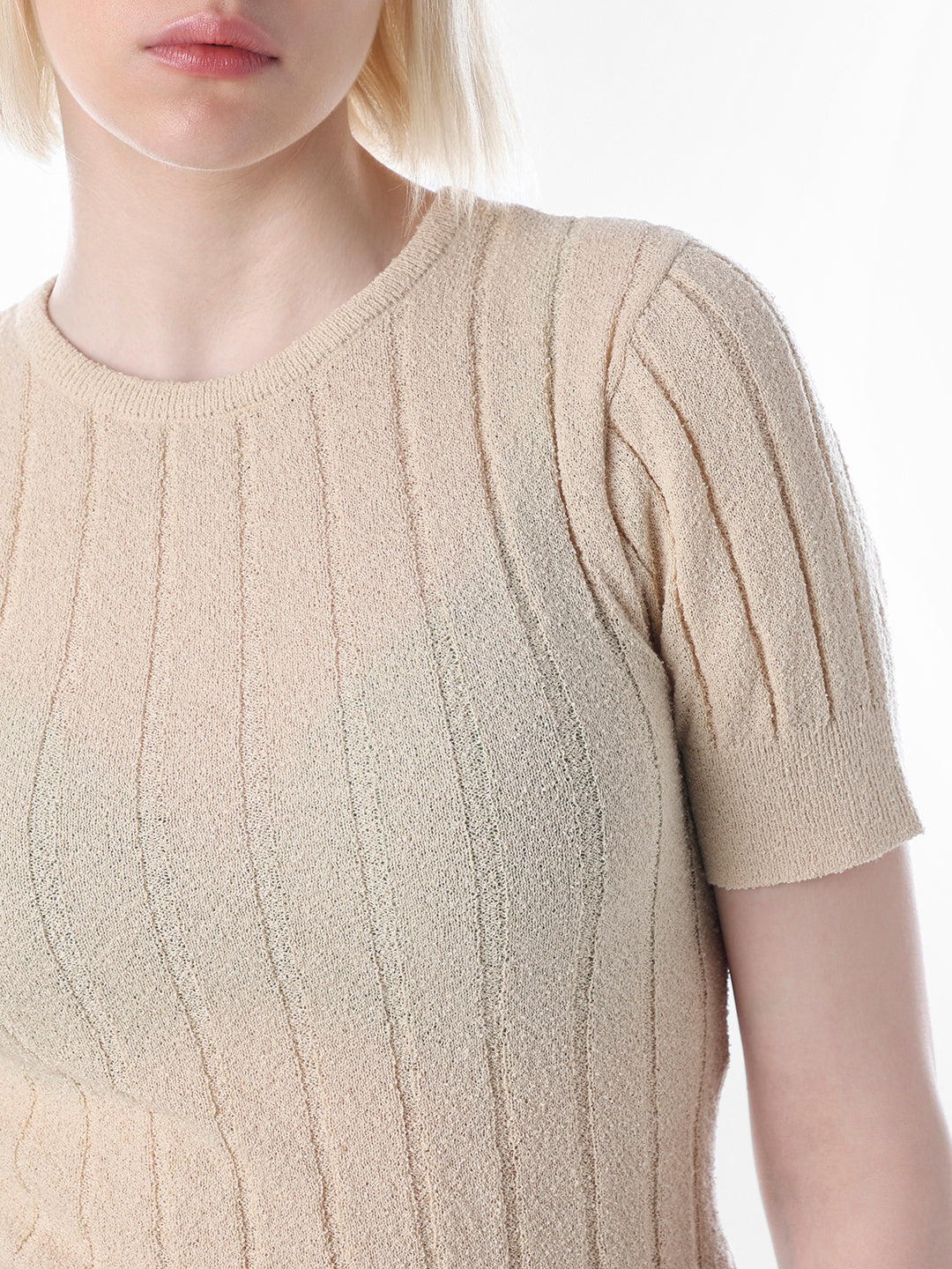 Beige Fitted Ribbed Crop Top