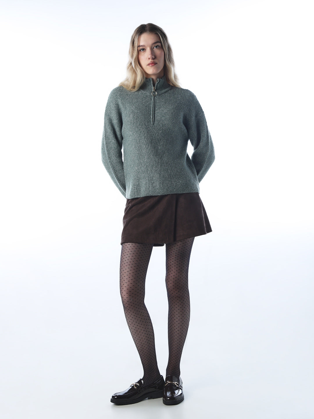 Zip-Up High Neck Pullover - Grey