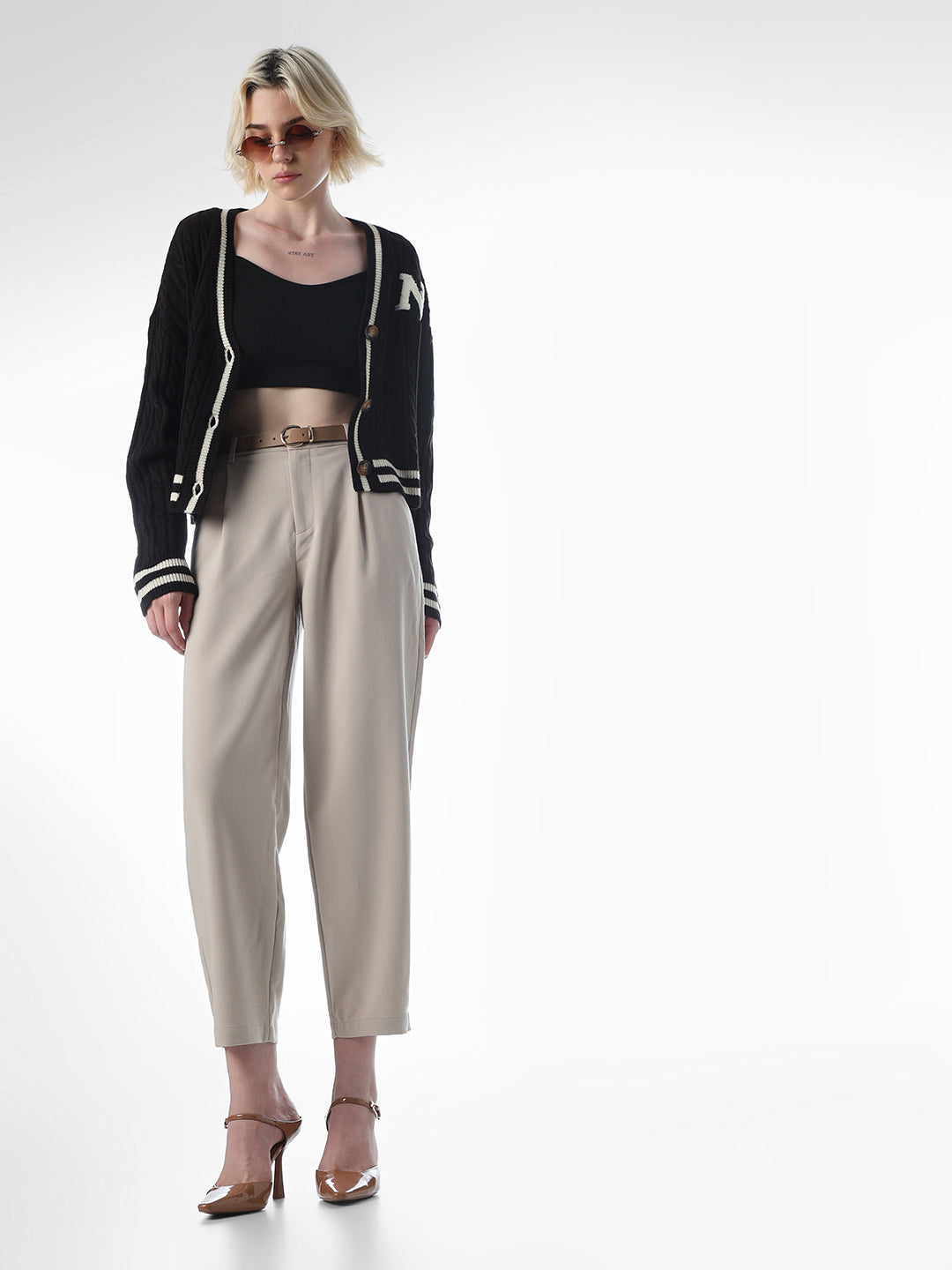 Beige Pleated Ankle Length Pants Beige Pleated Ankle Length Pants