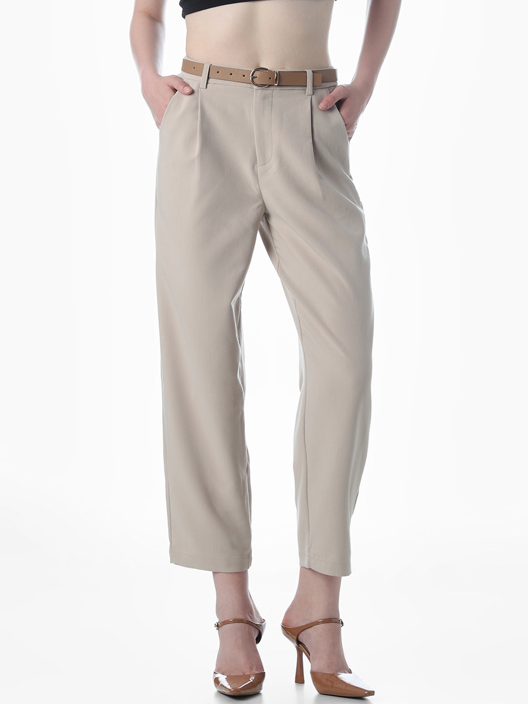 Beige Pleated Ankle Length Pants