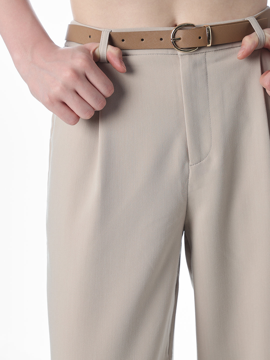 Beige Pleated Ankle Length Pants