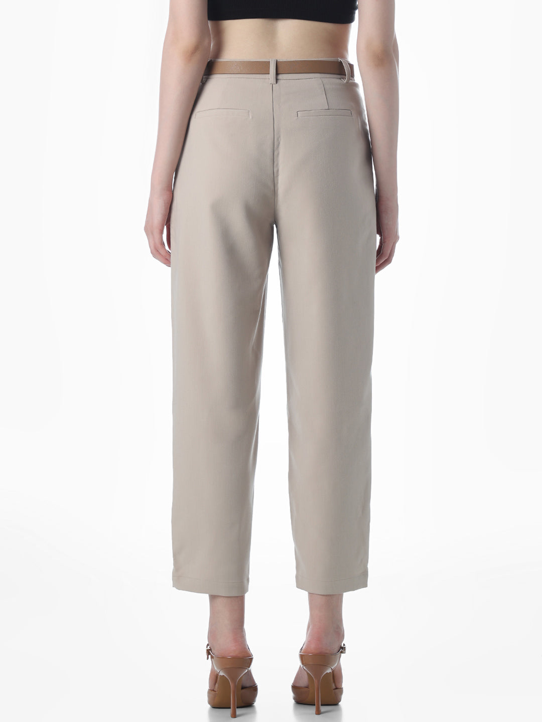 Beige Pleated Ankle Length Pants