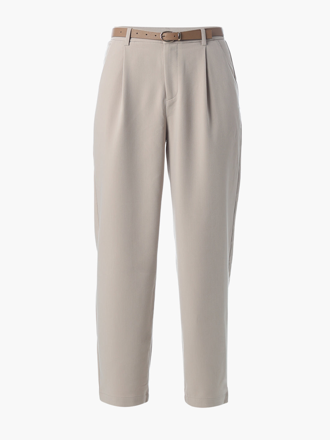 Beige Pleated Ankle Length Pants
