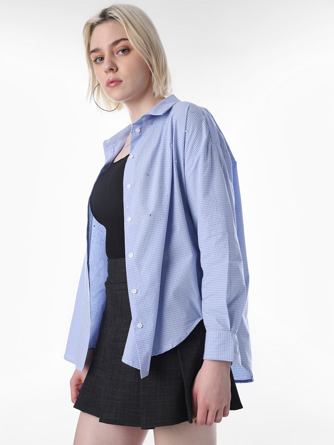 Blue Check Rhinestone Detail Shirt