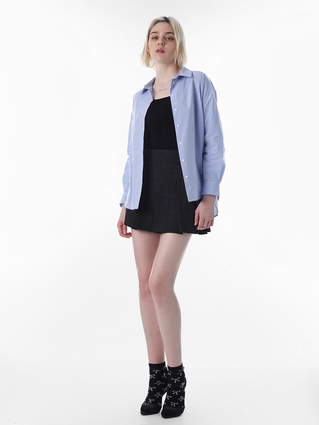 Blue Check Rhinestone Detail Shirt