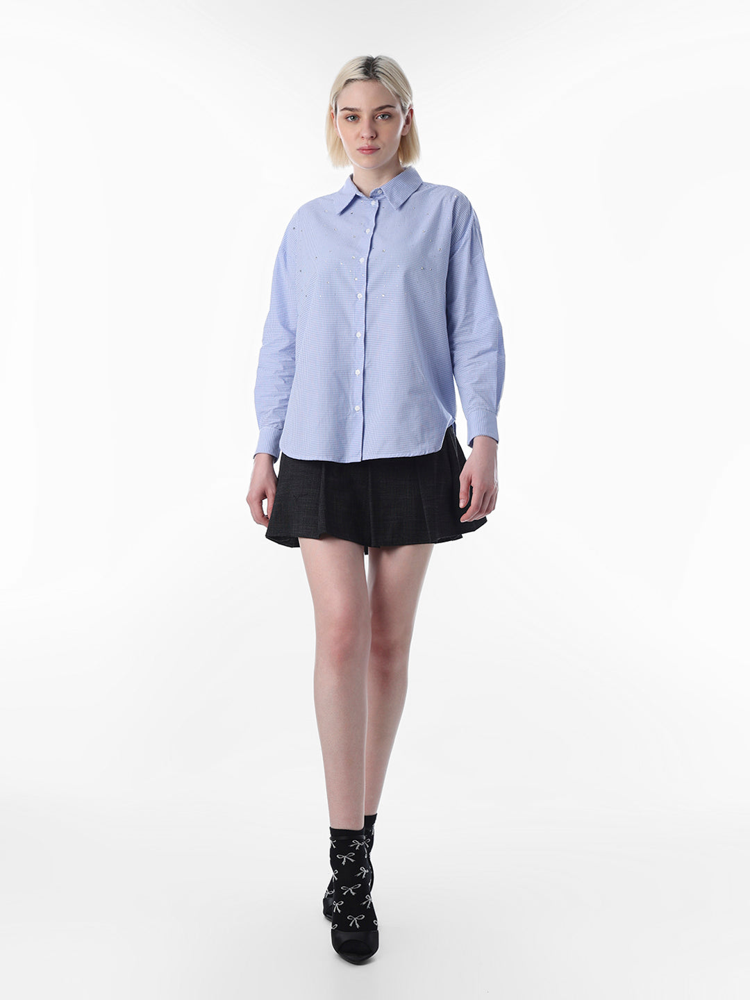 Blue Check Rhinestone Detail Shirt