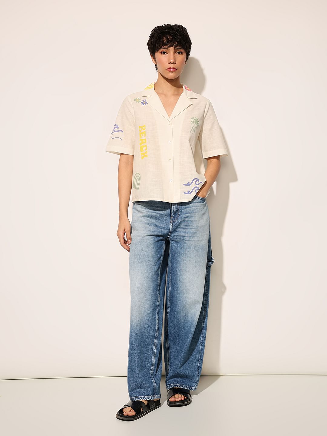 Cream Printed Cotton Shirt