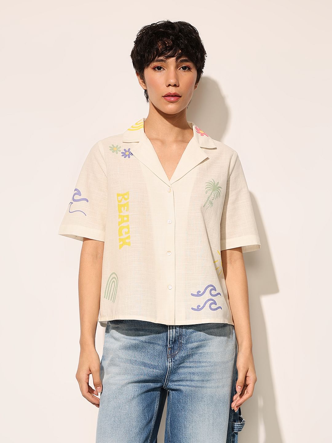 Cream Printed Cotton Shirt