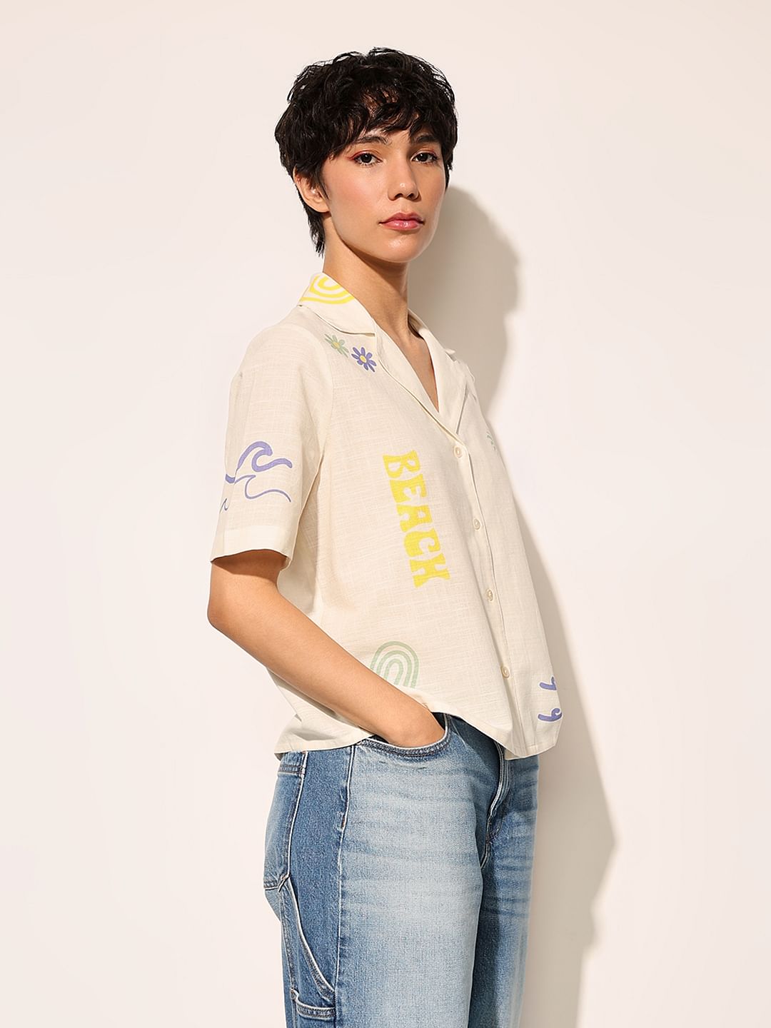 Cream Printed Cotton Shirt