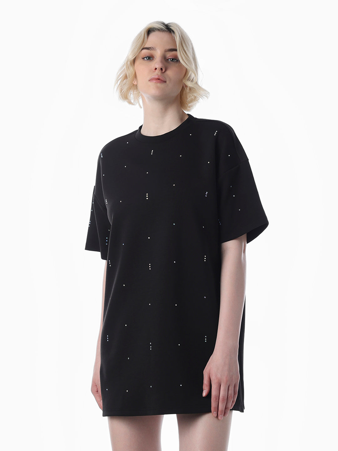Black Rhinestone Detail T-shirt Dress - Main Image