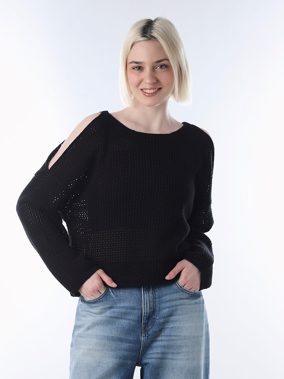 Black Cold Shoulder O-Neck Pullover