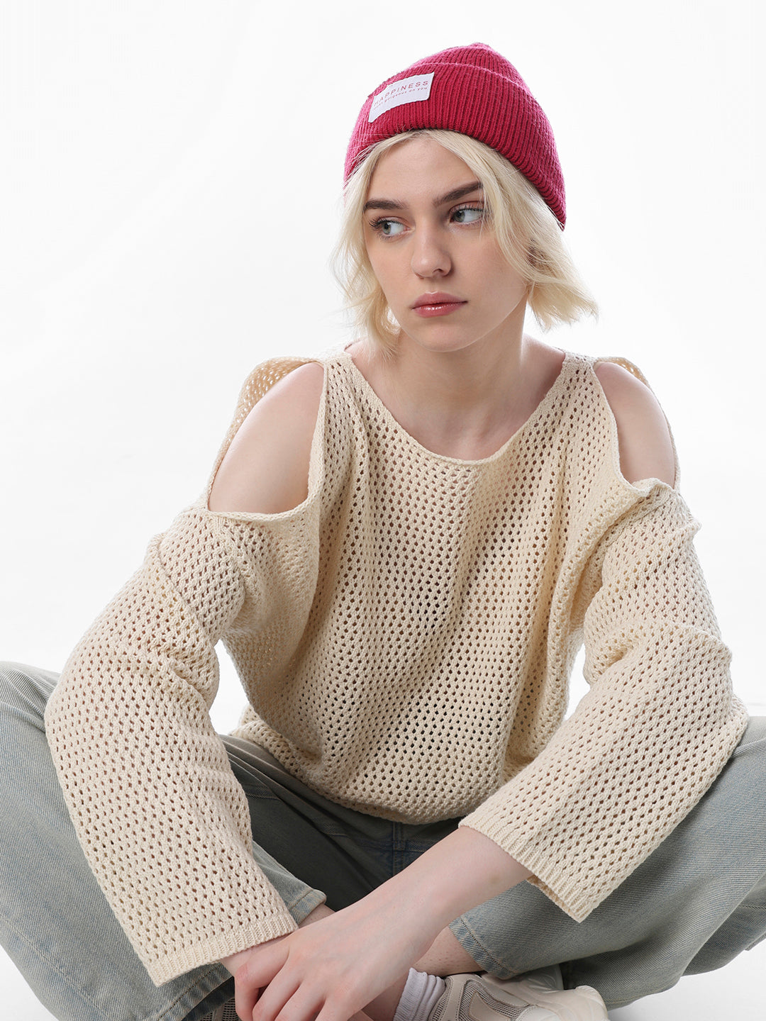 Beige Cold Shoulder O-Neck Pullover