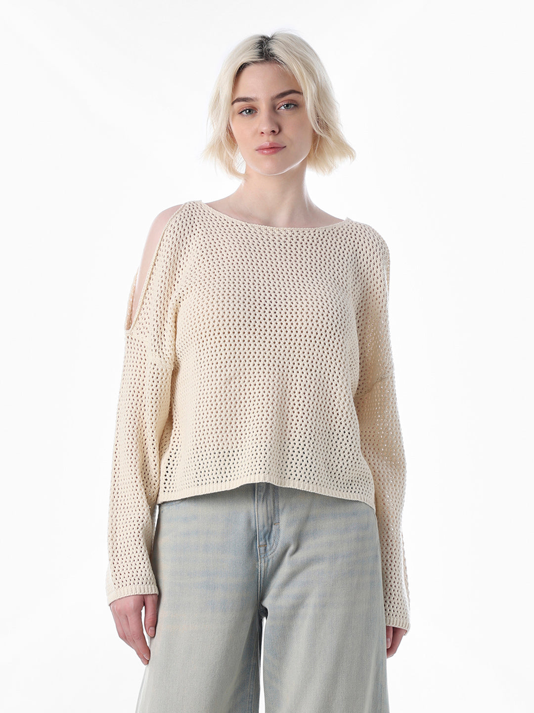 Beige Cold Shoulder O-Neck Pullover