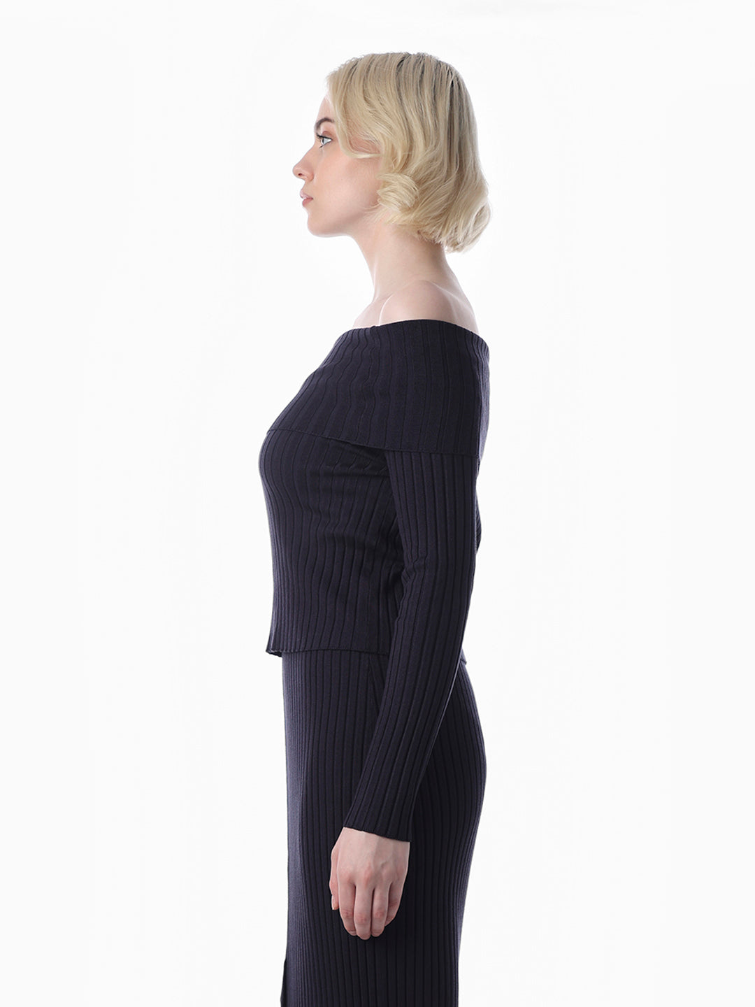 Navy Blue Off-Shoulder Fitted Top