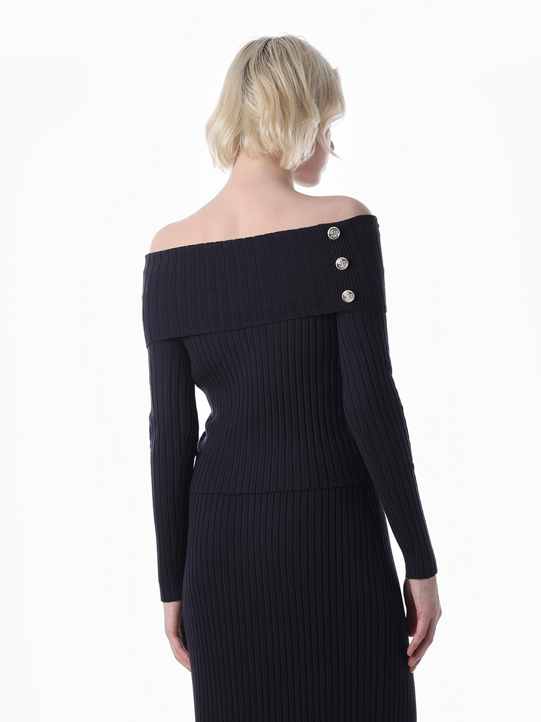 Navy Blue Off-Shoulder Fitted Top