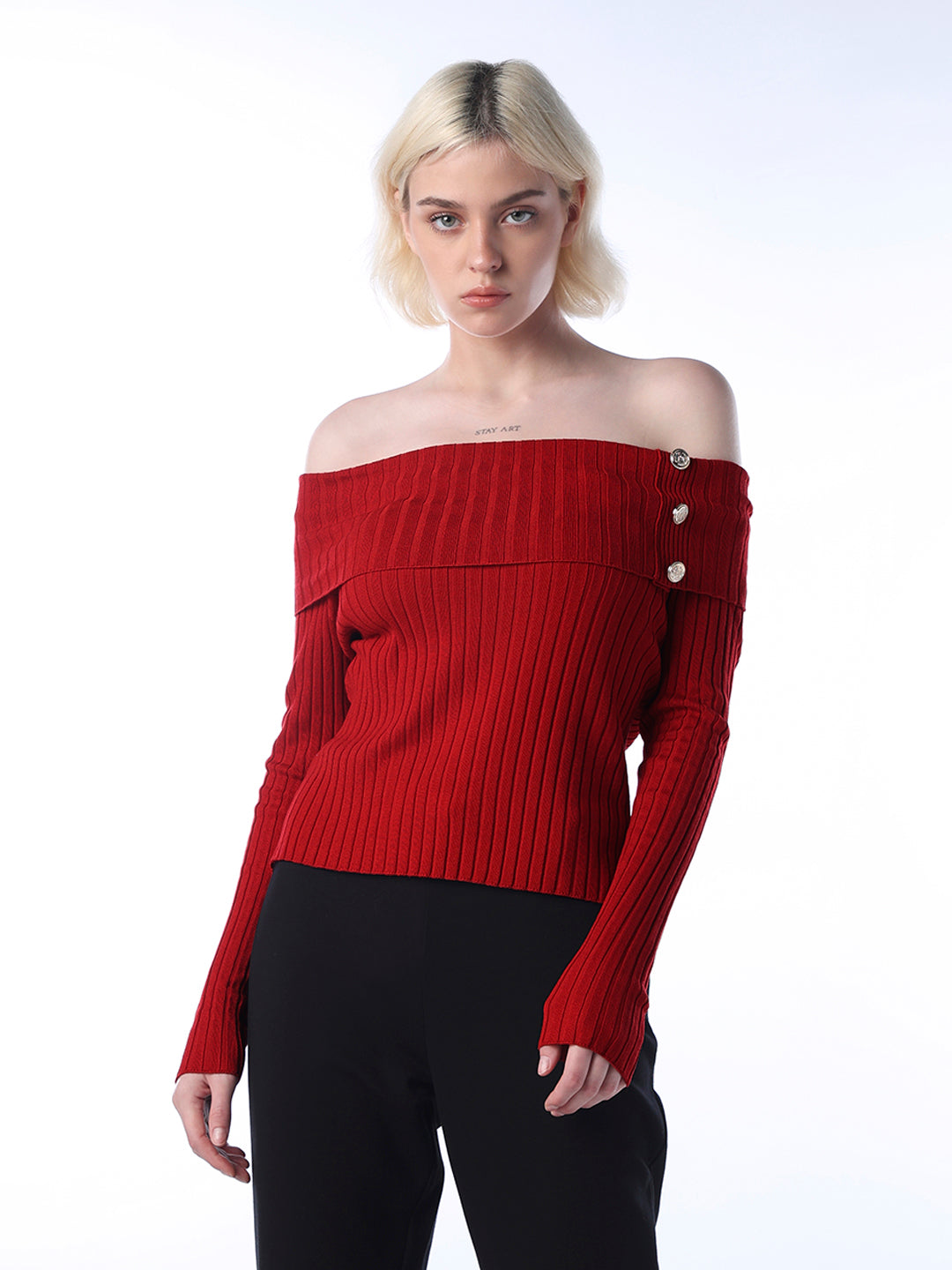 Fitted Off-Shoulder Ribbed Top - Red