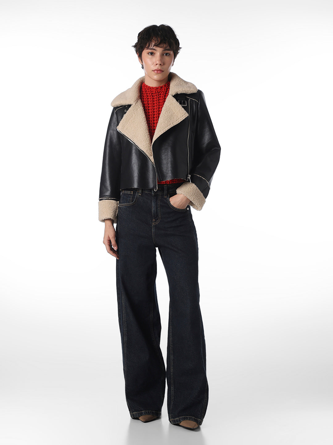 Black Coated Cropped Leather Jacket