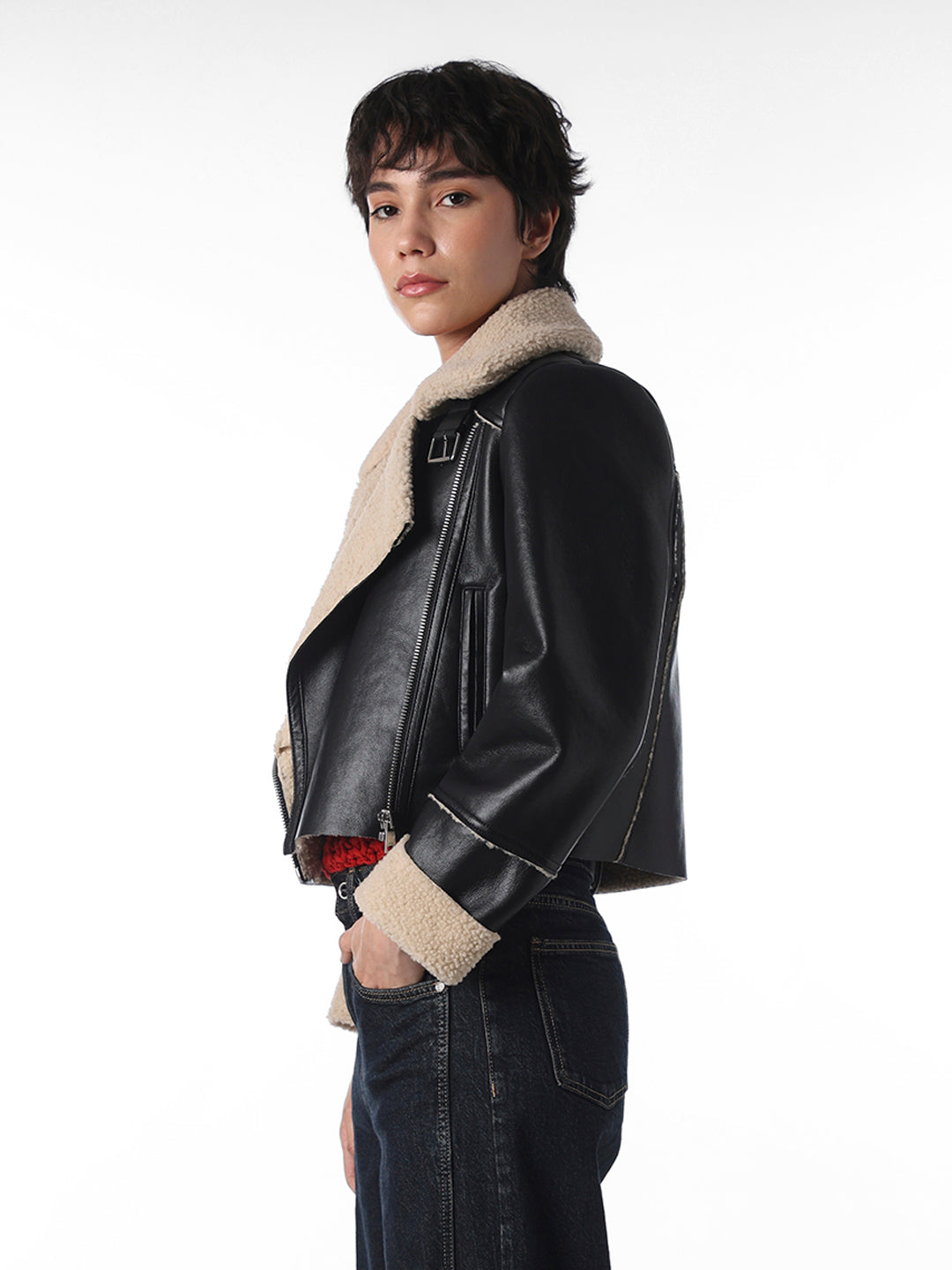 Black Coated Cropped Leather Jacket