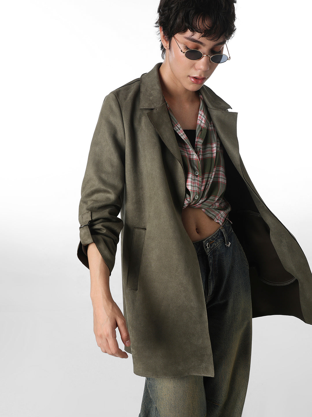 Dark Green Faux Suede Long Coat - XS