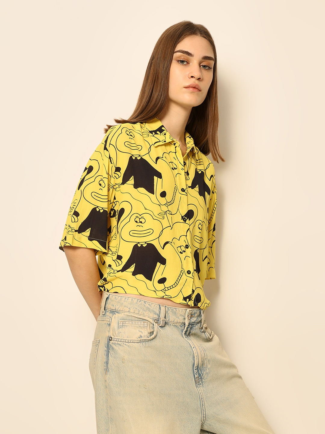 Dirty Pote Yellow Printed Cropped Shirt